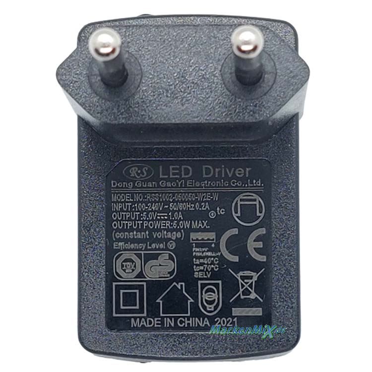 RL Reality Ersatz-Anschlusskabel mit USB-Netzteil für LED Serie Krail Stecker-Treiber zu Schreibtischleuchte R52781242 Ersatzteil Reality-RL-Trio-Lighting Arnsberg Netzteil Dong Guan GaoYi RS RSS1002-050050-W2E-W USB-Adapter 4017807433685