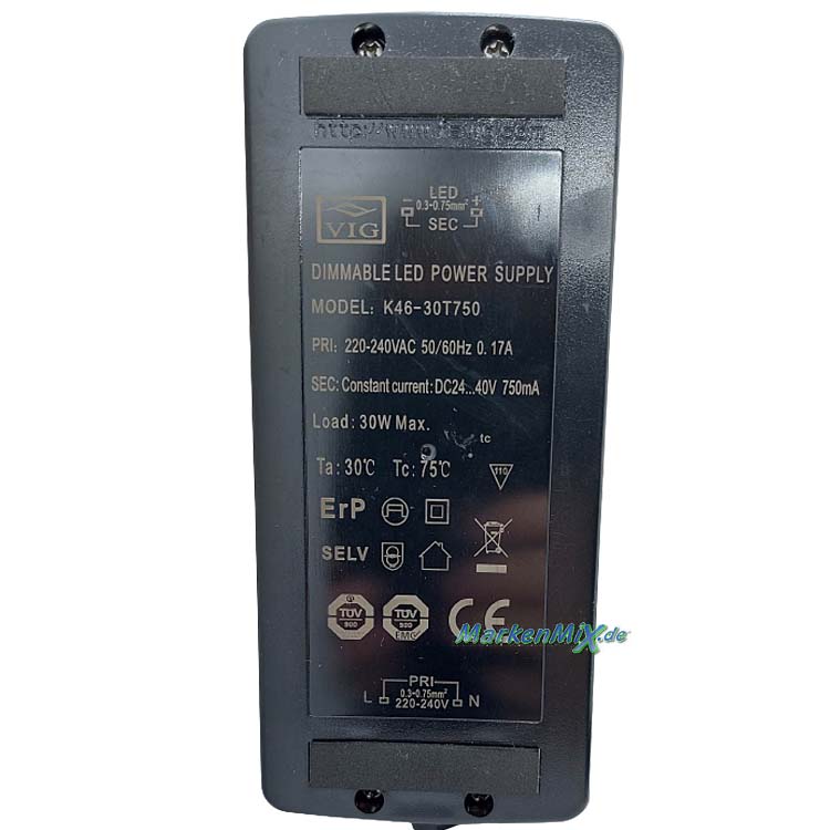 Trio Leuchten Ersatz-Treiber VIG K46-30T750 Driver für LED Serie Charivari 30W Fuß-Dimmer zu Stehlampe 421210107 Netzteil Schnurdimmer für 421210108 Ersatztrafo Ersatzteil Trio-Lighting Arnsberg Fußdimmer Footdimmer Netzgerät 4017807454024