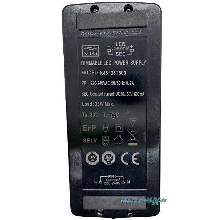 Trio Leuchten Ersatz-Treiber für LED Serie Charivari 36W Fuß-Dimmer zu Stehlampe 421210107 Netzteil LED-Treiber für 421210108 Ersatztrafo Ersatzteil Trio-Lighting Arnsberg Driver VIG K48-36T600 Fußdimmer Footdimmer Netzgerät 4017807454024