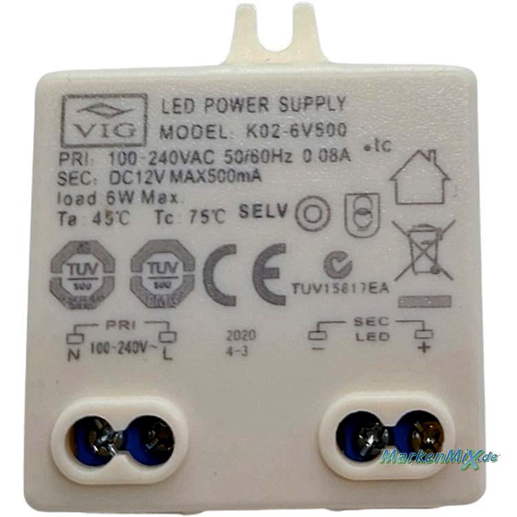 Trio Leuchten Ersatz-Treiber zu LED Serie 6W Netzteil zu Tischleuchte Tandori LED-Trafo zu 575410207 Ersatztrafo Ersatzteil Trio-Lighting Arnsberg Trafo VIG K02-6V500 Driver Netzgerät 4017807398588 