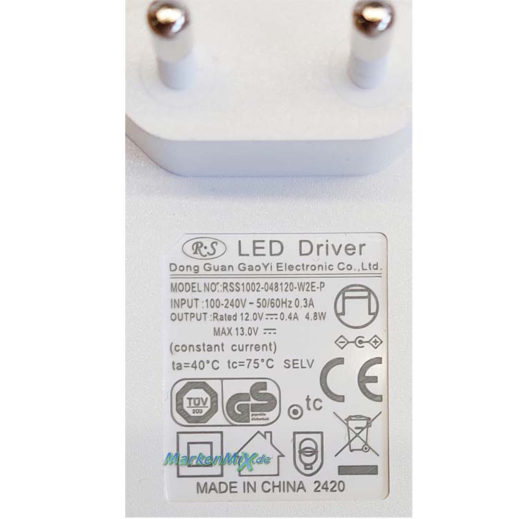 Reality Leuchten Stecker-Netzteil 4,8W für LED Serie Toro Stehleuchte R47641101 / Tischleuchte R57641101