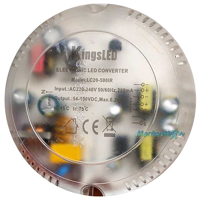 RL Reality-Leuchten Ersatz-LED-Trafo KingsLED LC20-500IR Electronic LED Converter Rundtrafo für Deckenleuchte Kira Netzteil zu R62381100 LED-Treiber Ersatzteil Reality-RL-Trio-Lighting Arnsberg Driver 4017807502893 KingsLED LC20-500IR